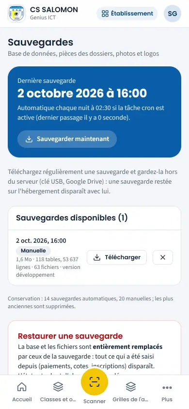 Backups: last backup, automatic nightly backup