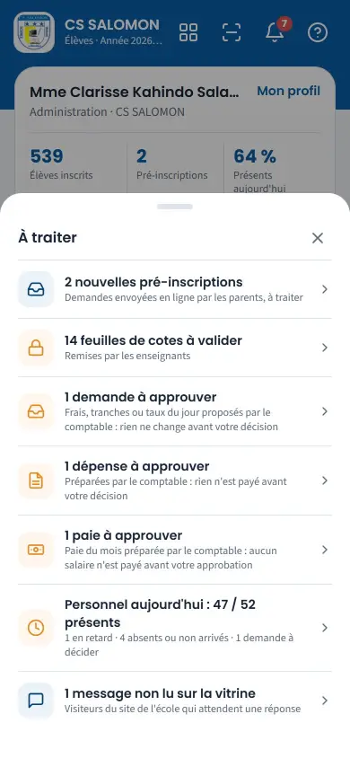 La cloche « À traiter » : pré-inscriptions, cotes à valider, approbations