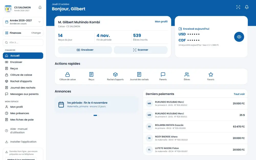 Accueil sur ordinateur : carte, actions rapides, favoris et annonces