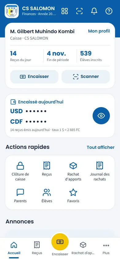 Cash desk home: today's figures, Collect, Scan, hidden takings