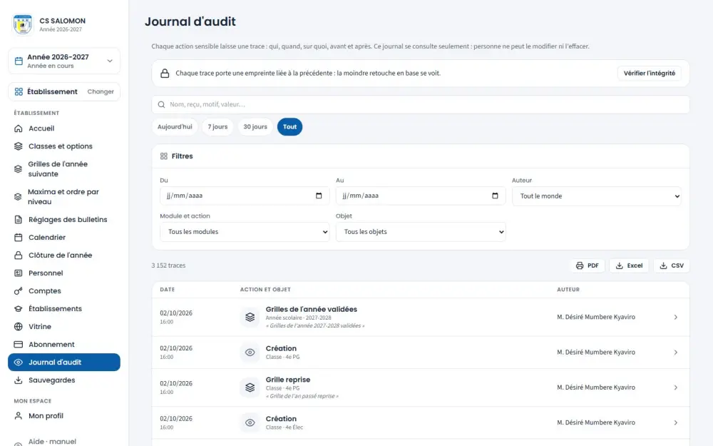 Audit log: who did what and when, with integrity check