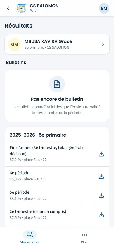 Family space: results and report cards to download