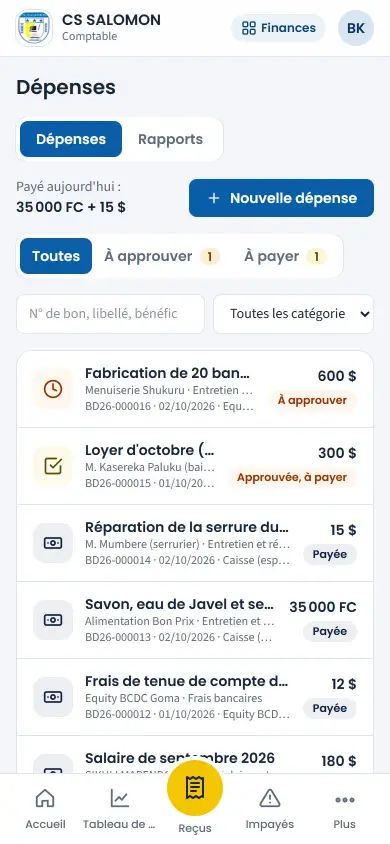 Dépenses : bons à approuver, approuvés et payés