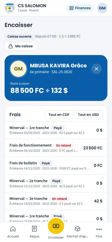 Encaisser : reste à payer de l'élève en francs et en dollars, frais par frais