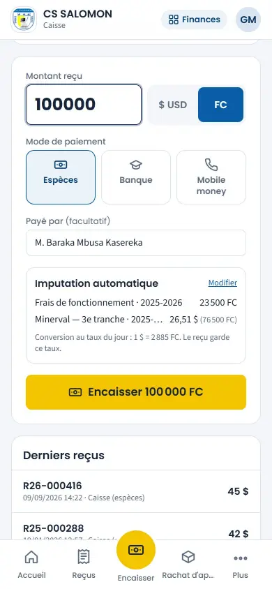 Encaisser : montant, devise, mode de paiement et imputation automatique