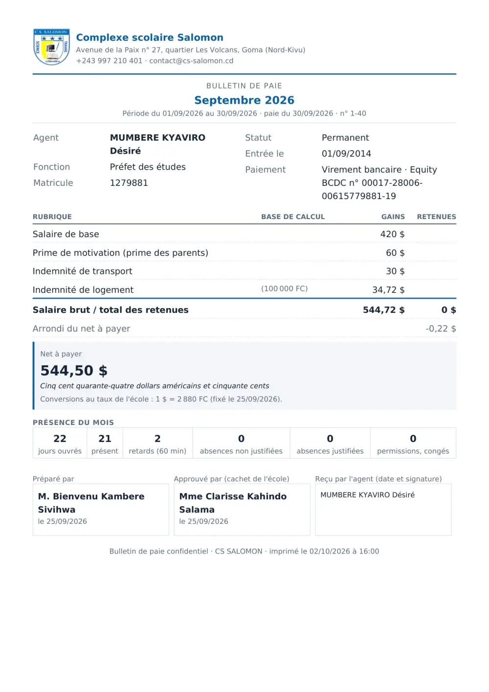 Bulletin de paie : gains, retenues, net en lettres et présence du mois