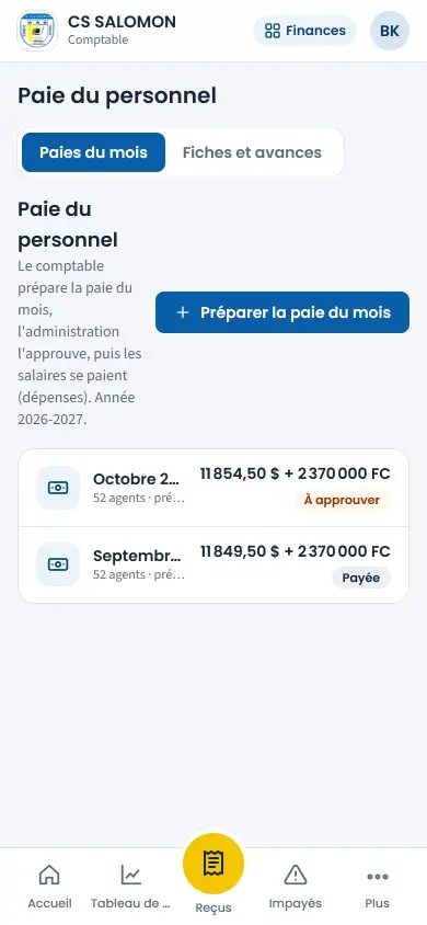 Paie du personnel : paies du mois à approuver et payées