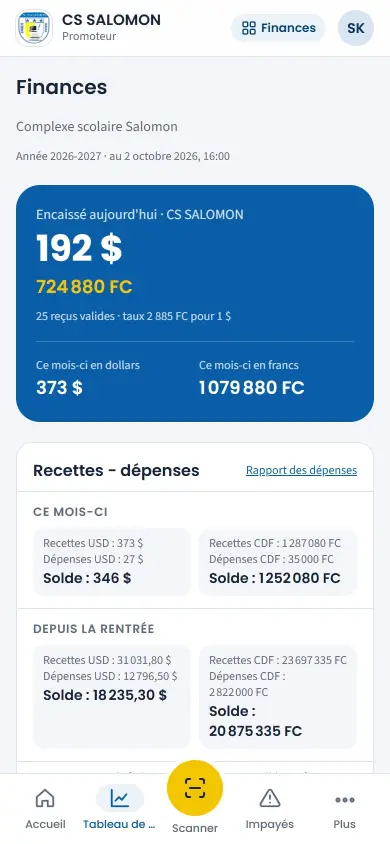 Tableau de bord du promoteur sur téléphone : encaissé aujourd'hui et ce mois