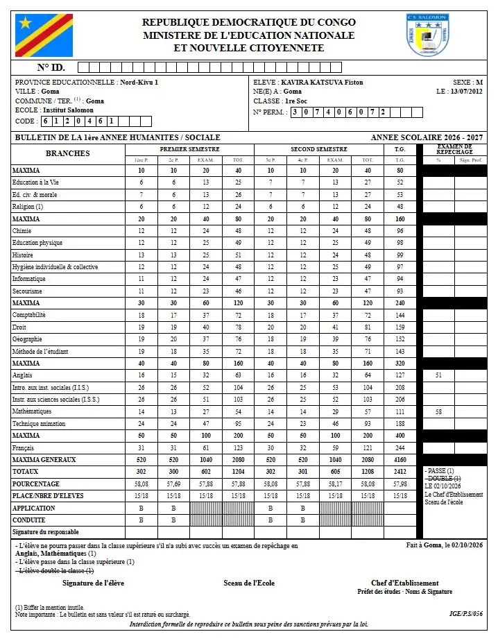 Official secondary report card generated by Masomo