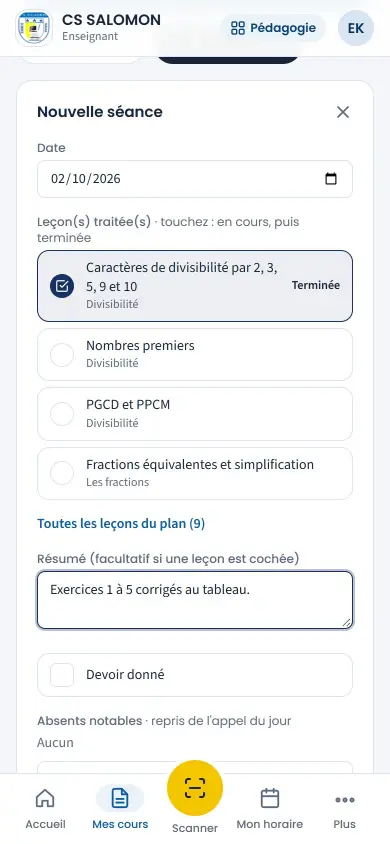 Cahier de textes : leçon du plan traitée, résumé, devoir