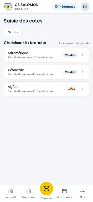 Saisie des cotes : choix de la branche, avancement et validation