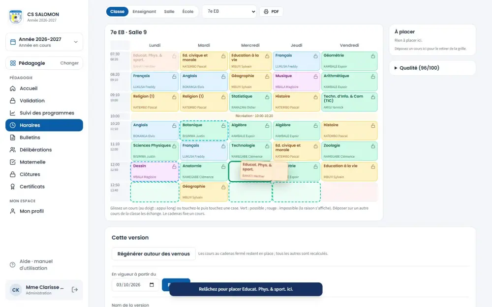 Horaire d'une classe, ajustable au glisser-déposer