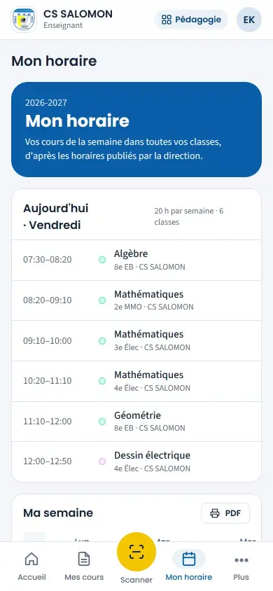 Mon horaire : cours du jour de l'enseignant