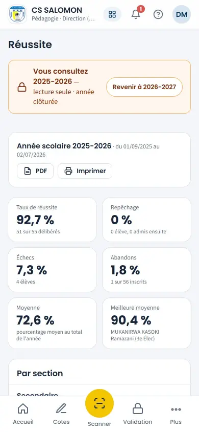 Réussite de l'année : taux de réussite, repêchage, échecs, abandons, moyennes