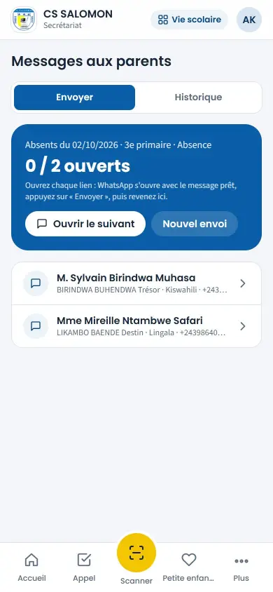 Messages aux parents : un message prêt par parent, à ouvrir dans WhatsApp