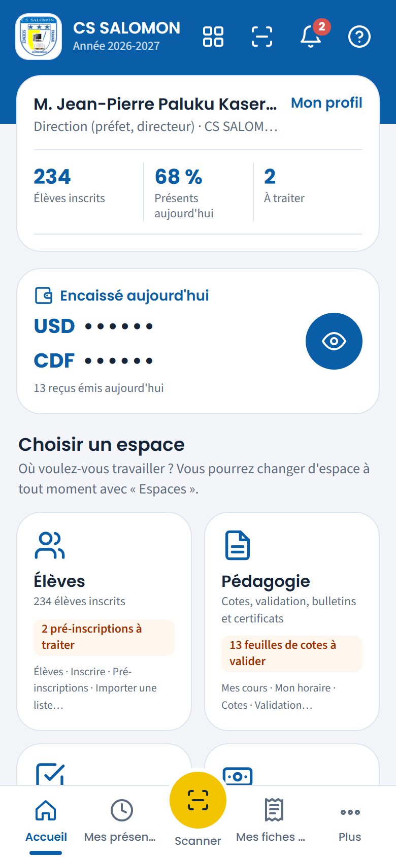 Page de choix de l'espace (téléphone)