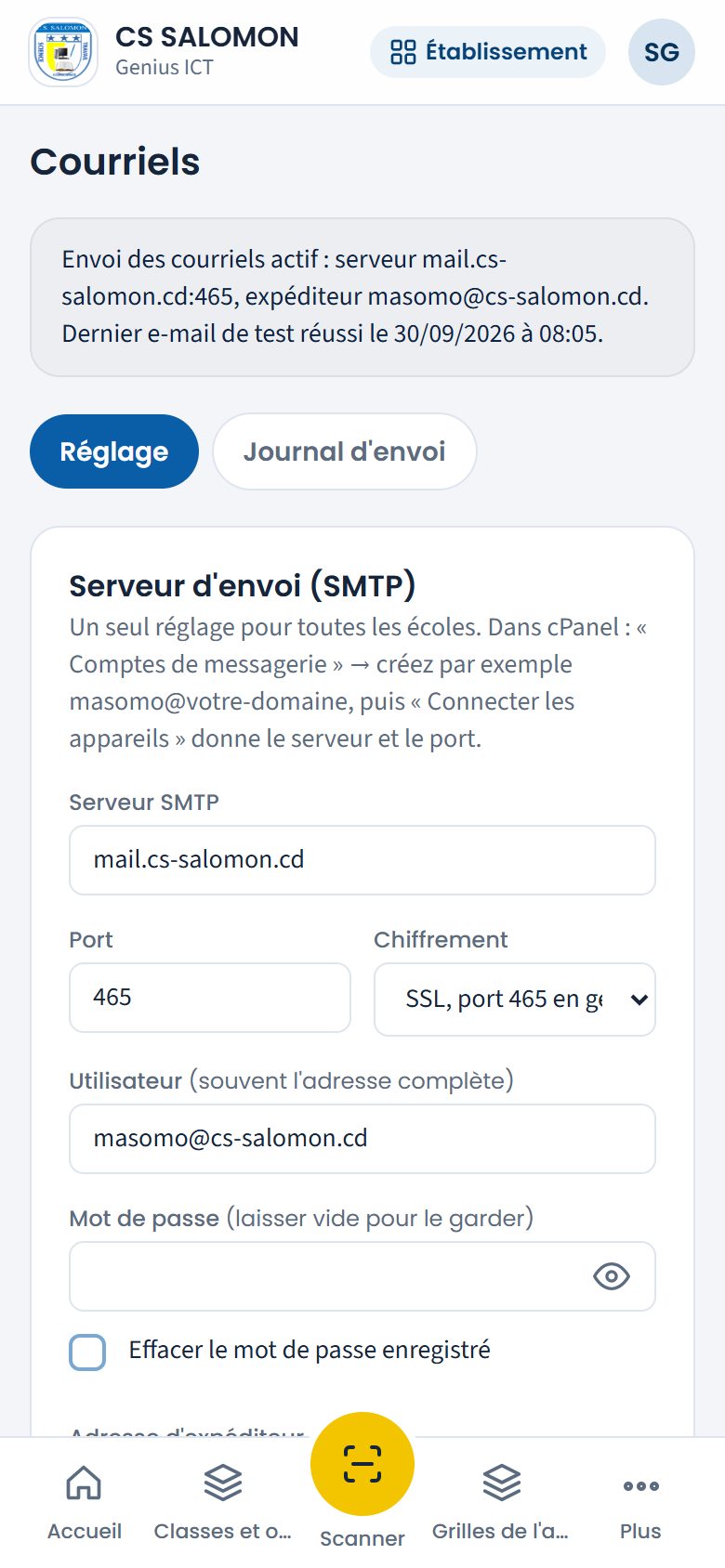 Réglage du serveur d'envoi (téléphone)