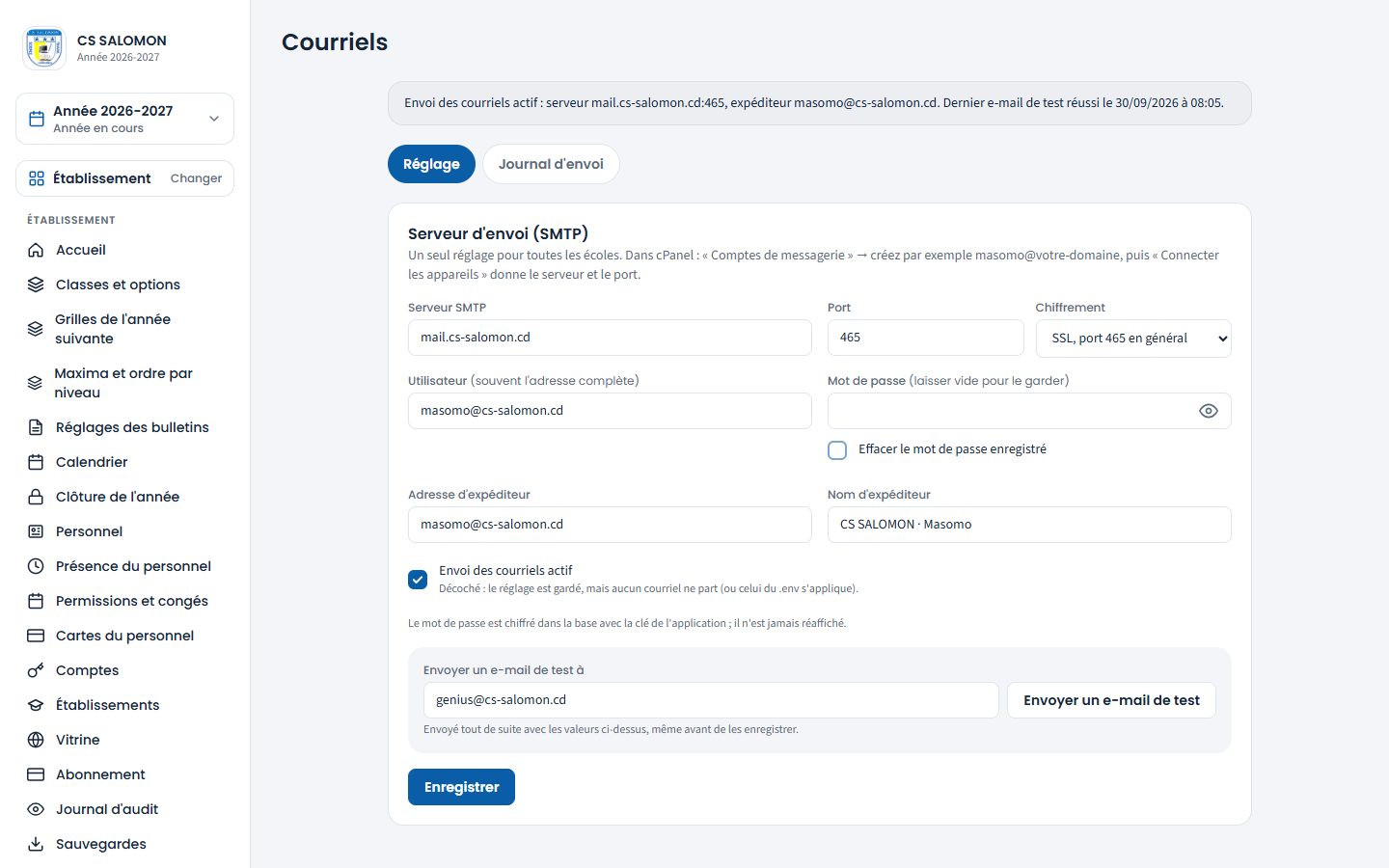 Envoi d'un e-mail de test (ordinateur)