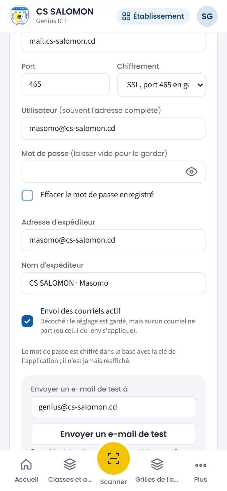 Envoi d'un e-mail de test (téléphone)