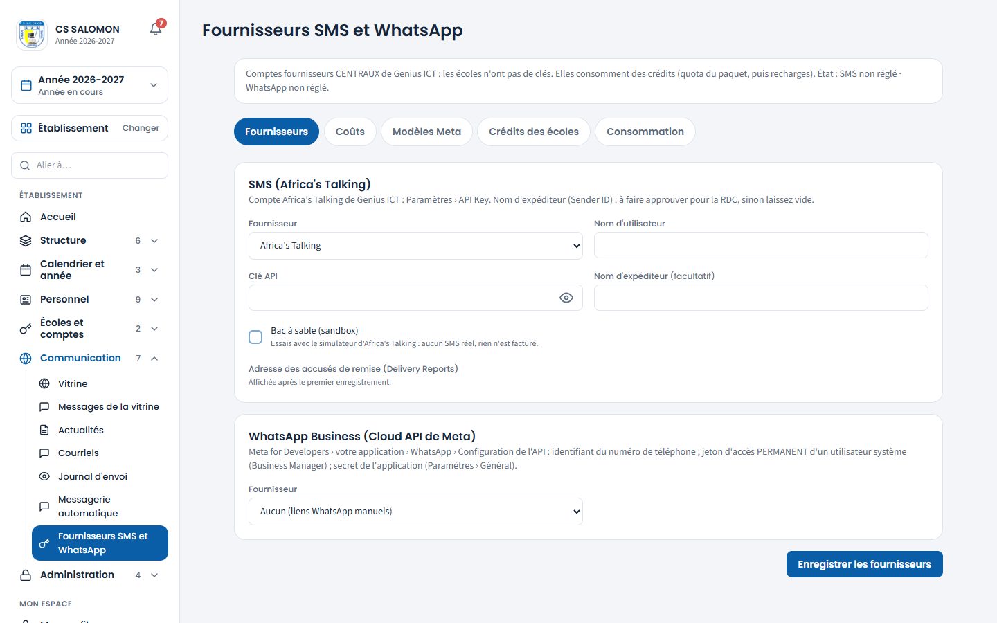 Réglage du fournisseur SMS (ordinateur)