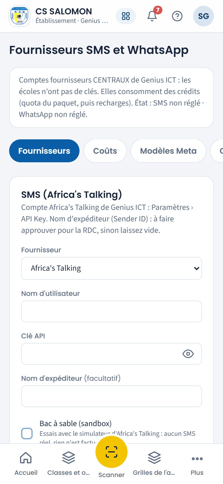 Réglage du fournisseur SMS (téléphone)