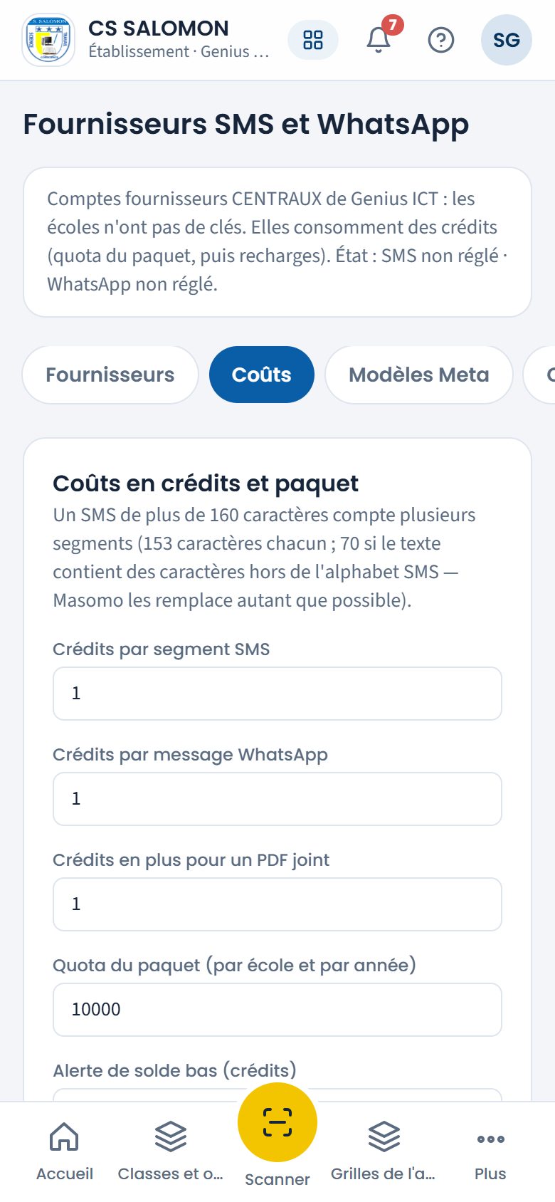 Coûts en crédits et quota du paquet (téléphone)
