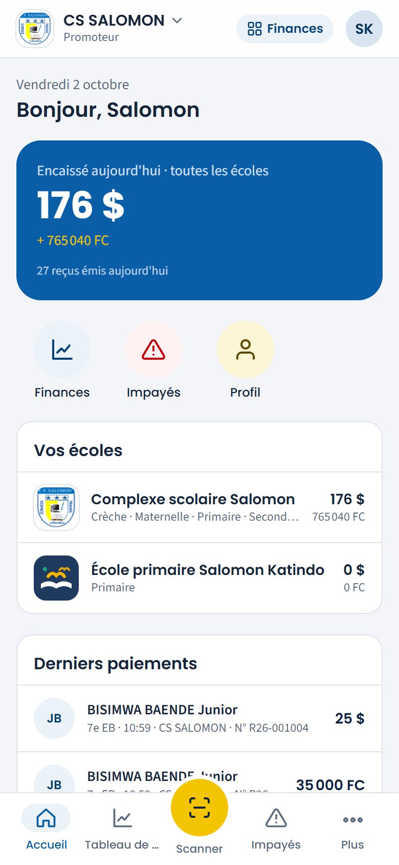 Accueil du promoteur, vue groupe (téléphone)