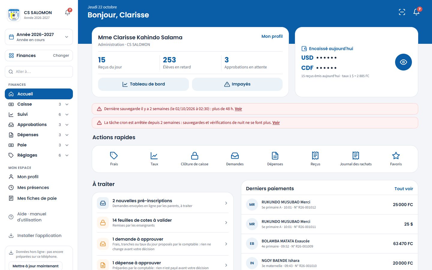 Accueil de l'administratrice, espace Finances (ordinateur)
