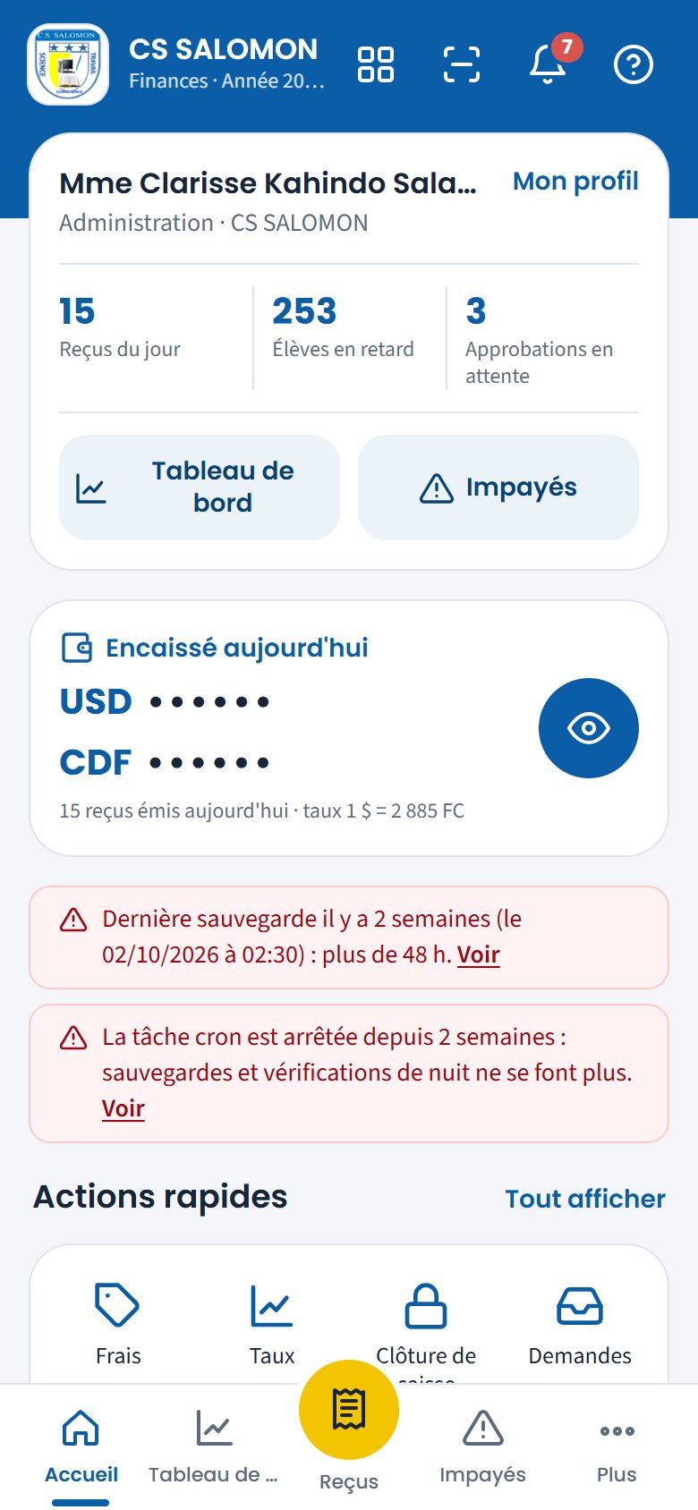 Accueil de l'administratrice, espace Finances (téléphone)