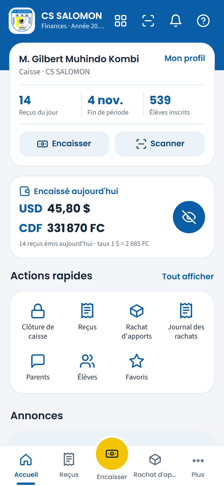 Montants affichés sur l'accueil de la caisse (téléphone)