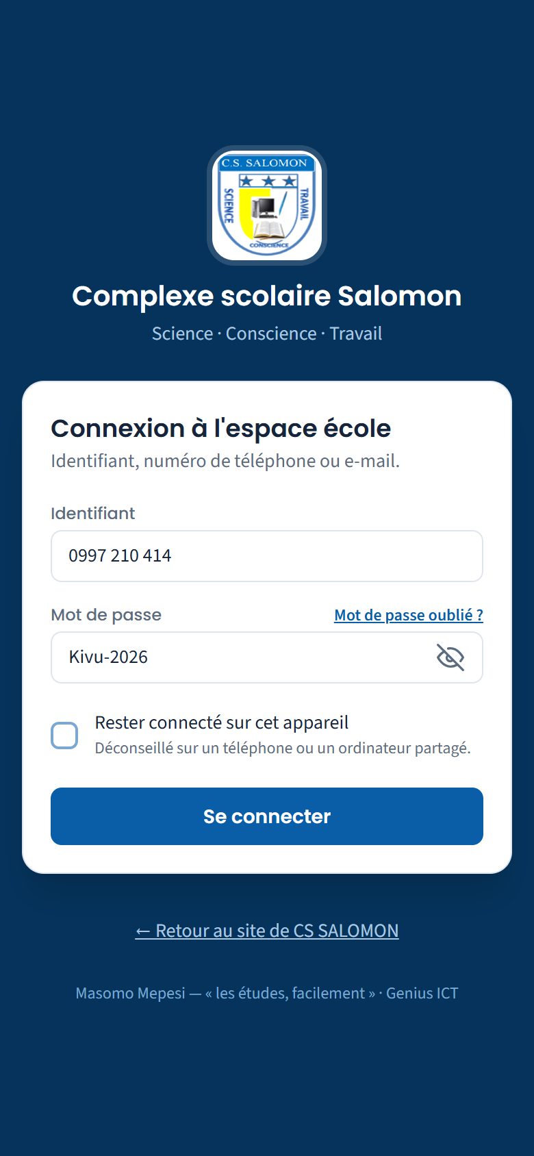 Formulaire de connexion rempli (téléphone)