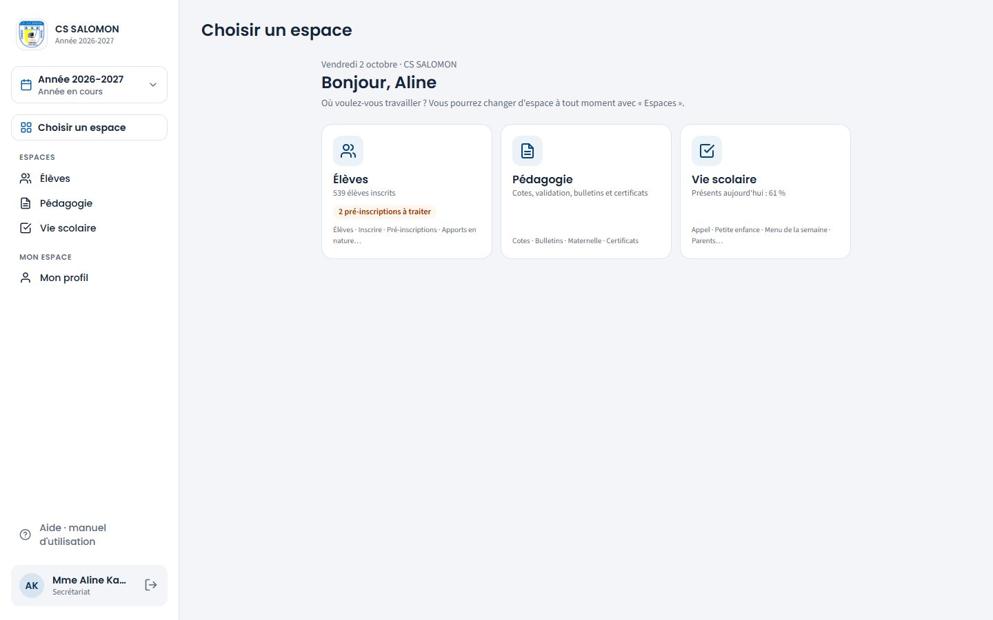 Page de choix de l'espace (ordinateur)