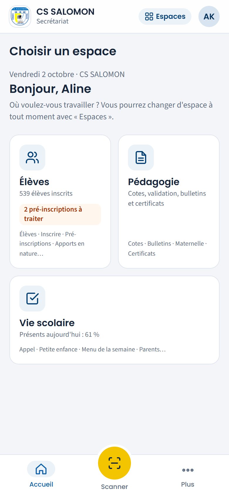 Page de choix de l'espace (téléphone)