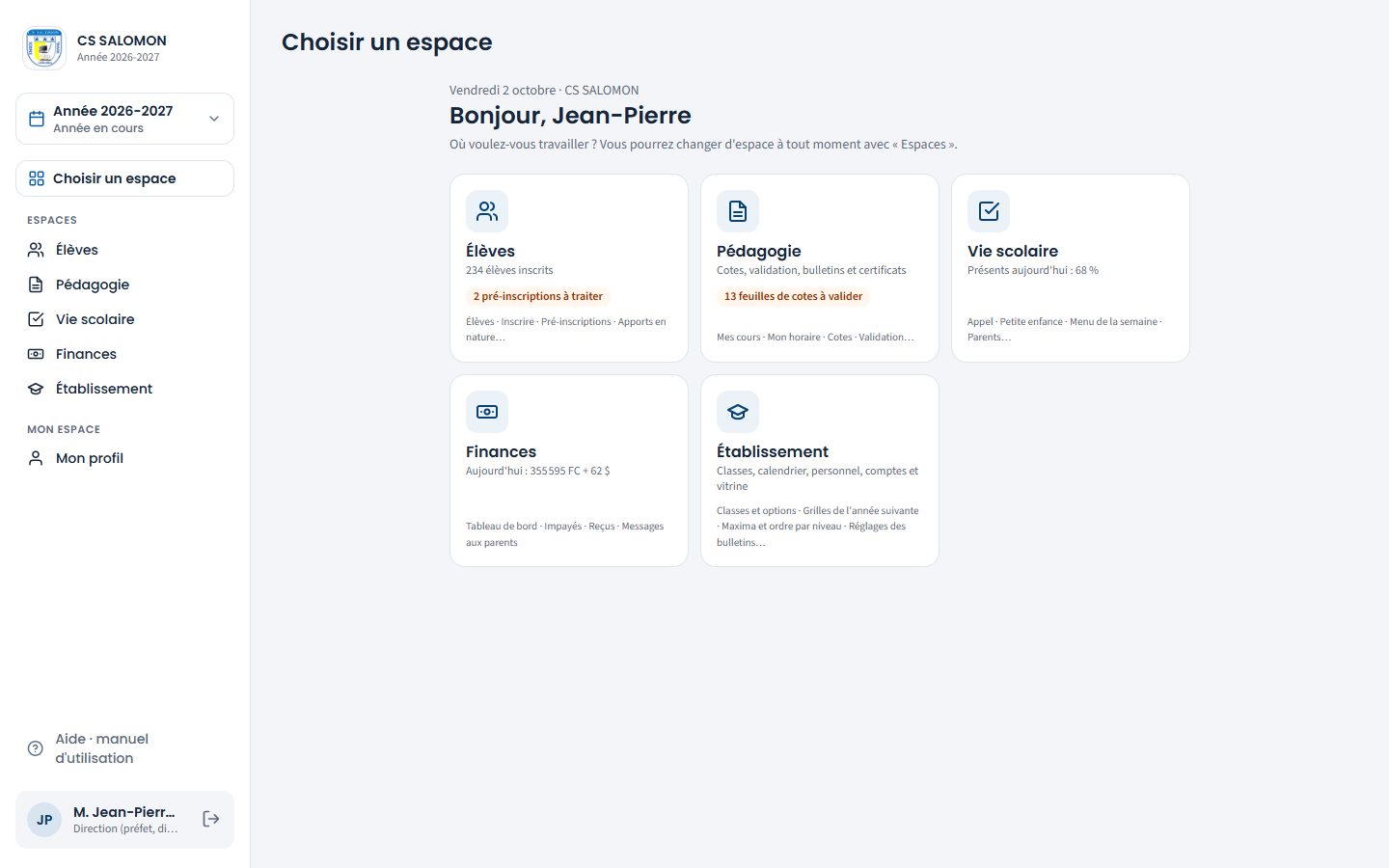 Page de choix de l'espace du directeur (ordinateur)