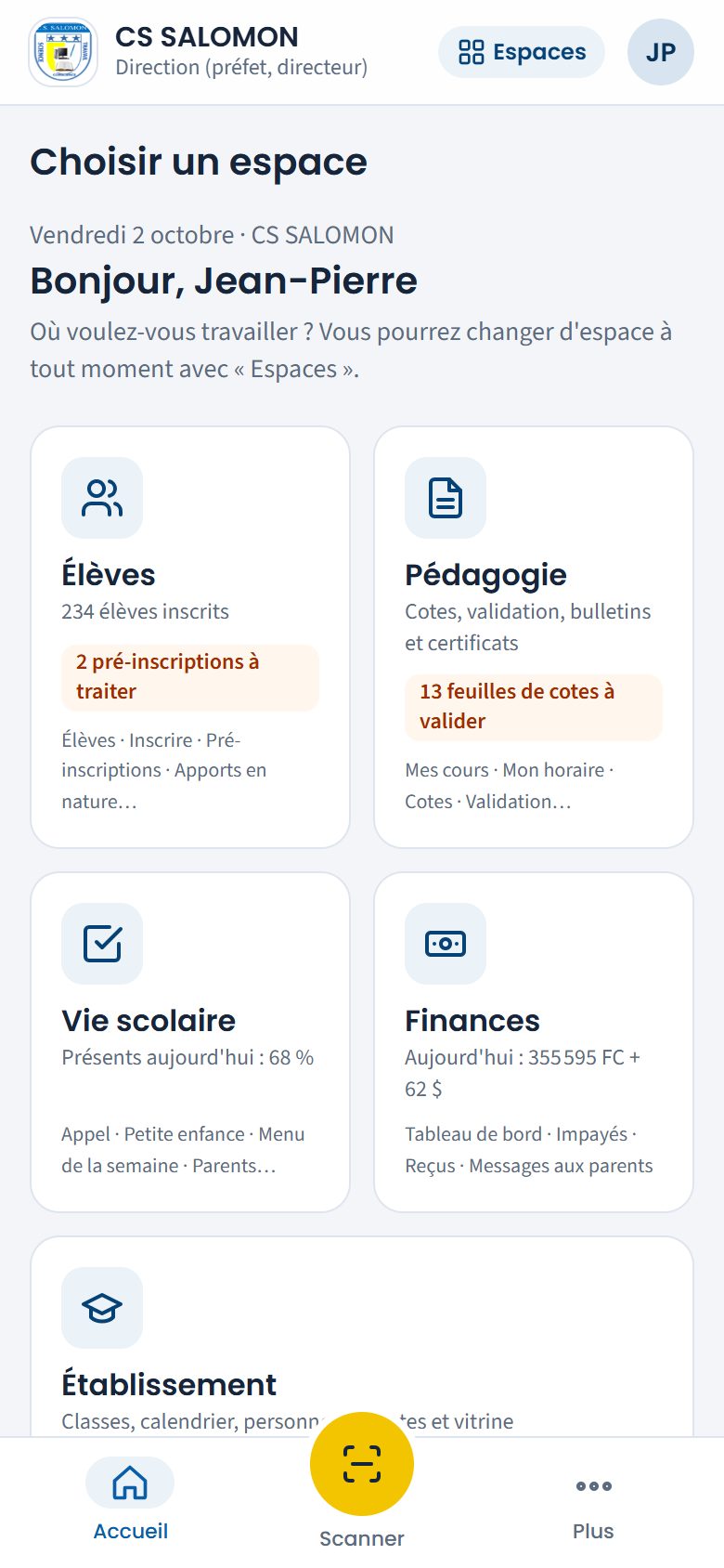 Page de choix de l'espace du directeur (téléphone)