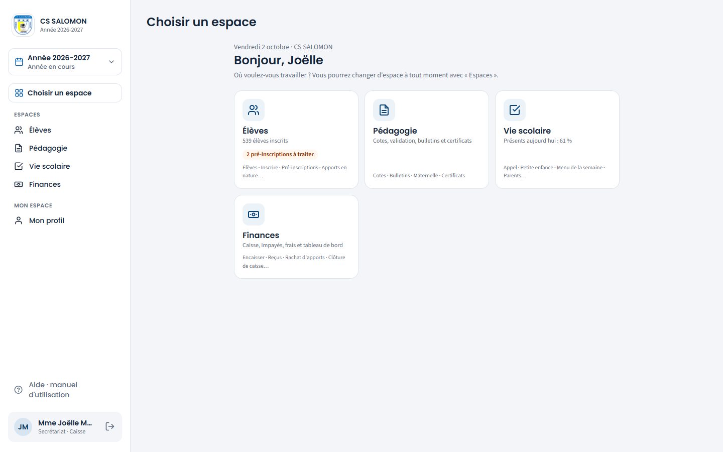 Page de choix d'un compte secrétariat et caisse (ordinateur)