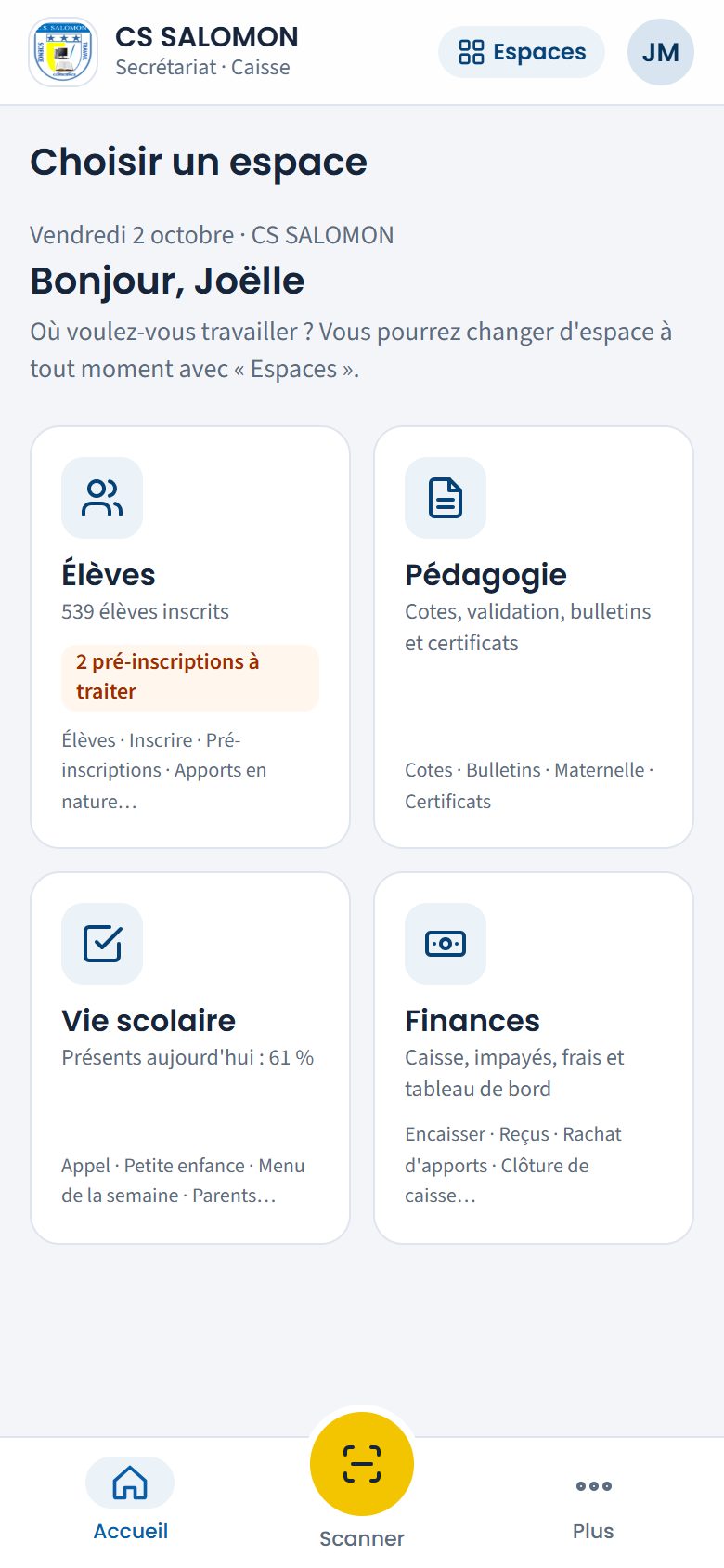 Page de choix d'un compte secrétariat et caisse (téléphone)