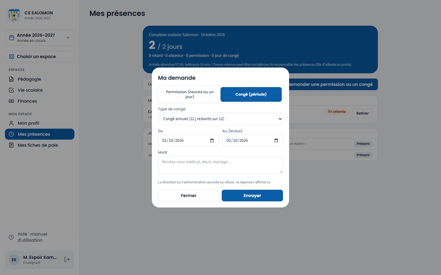 Demande de congé depuis Mes présences (ordinateur)