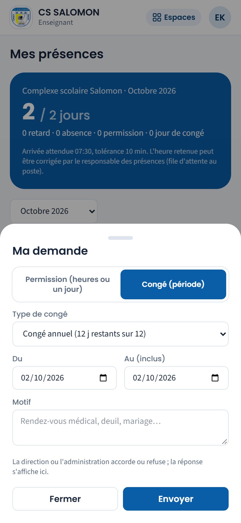 Demande de congé depuis Mes présences (téléphone)
