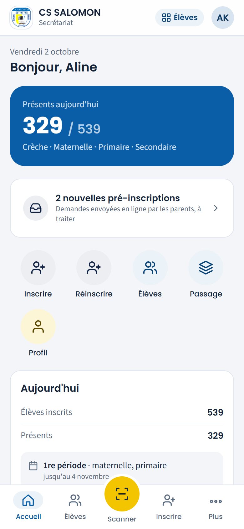 Menu de l'espace Élèves (téléphone)