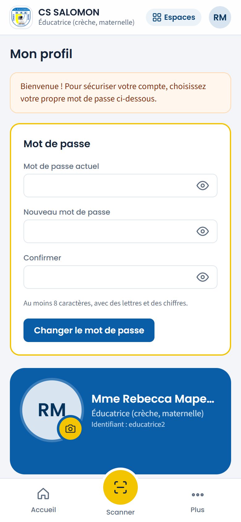 Première connexion : Mon profil s'ouvre (téléphone)