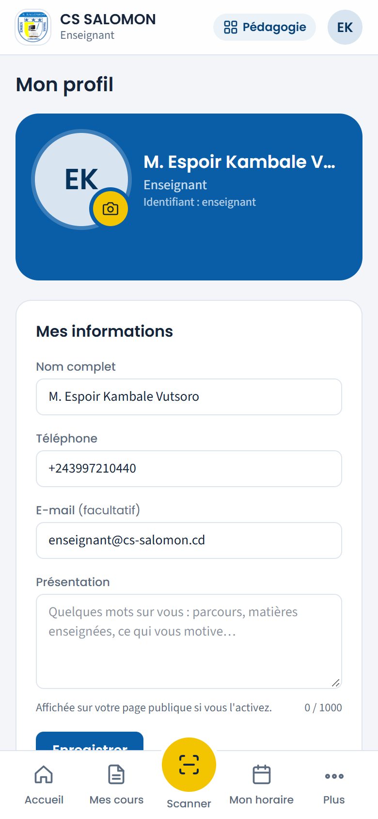 Mon profil de l'enseignant (téléphone)