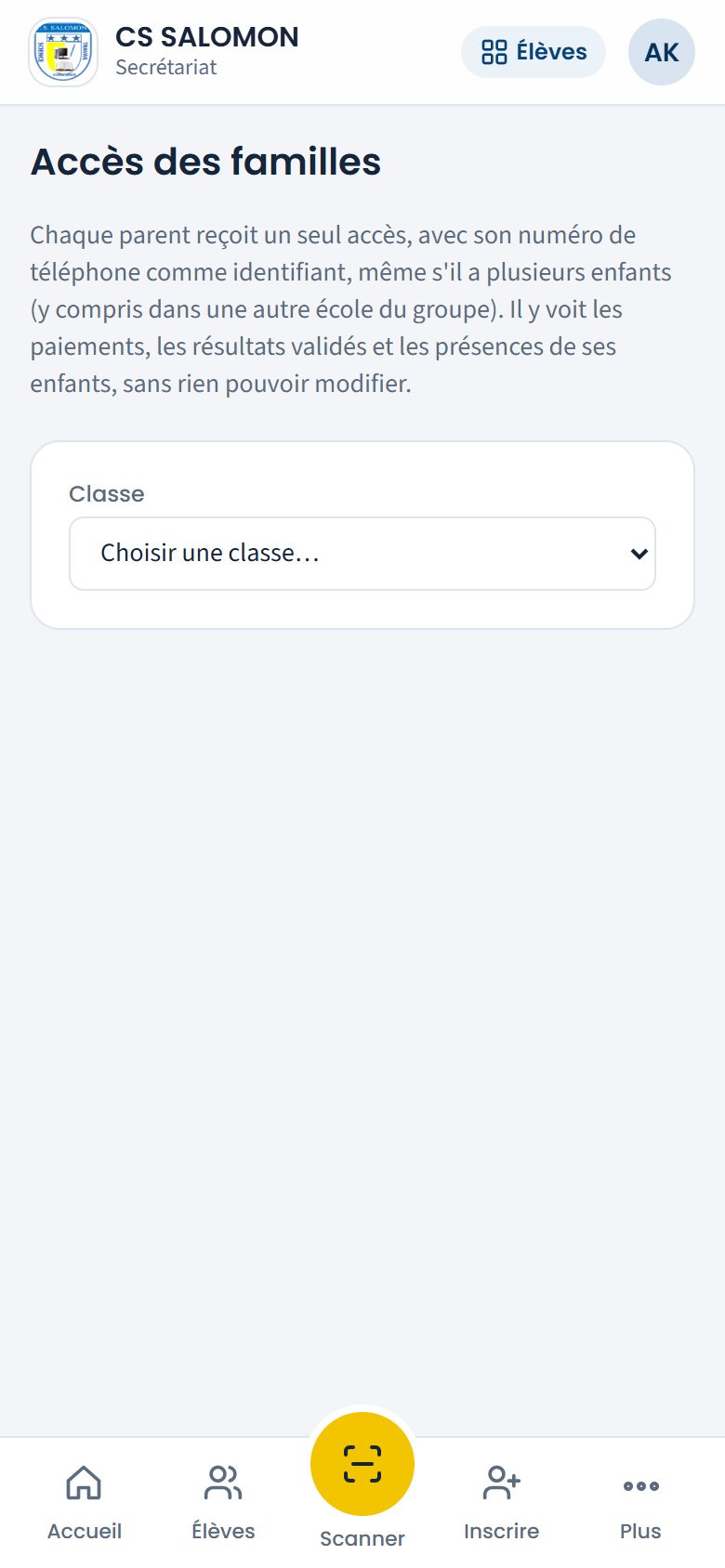 Écran Accès des familles (téléphone)