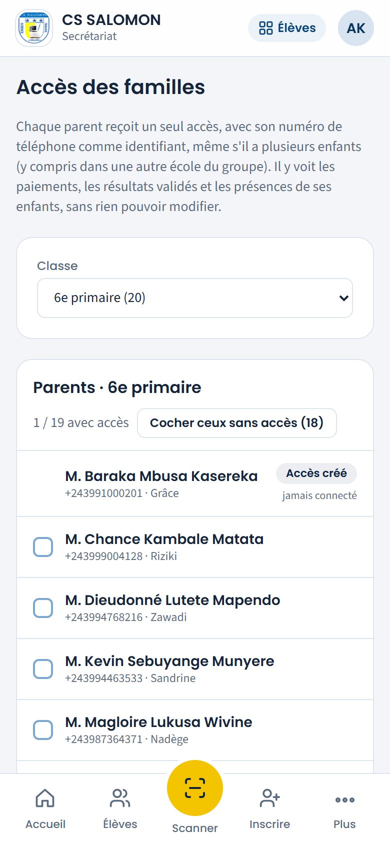 Parents de la 6e primaire (téléphone)