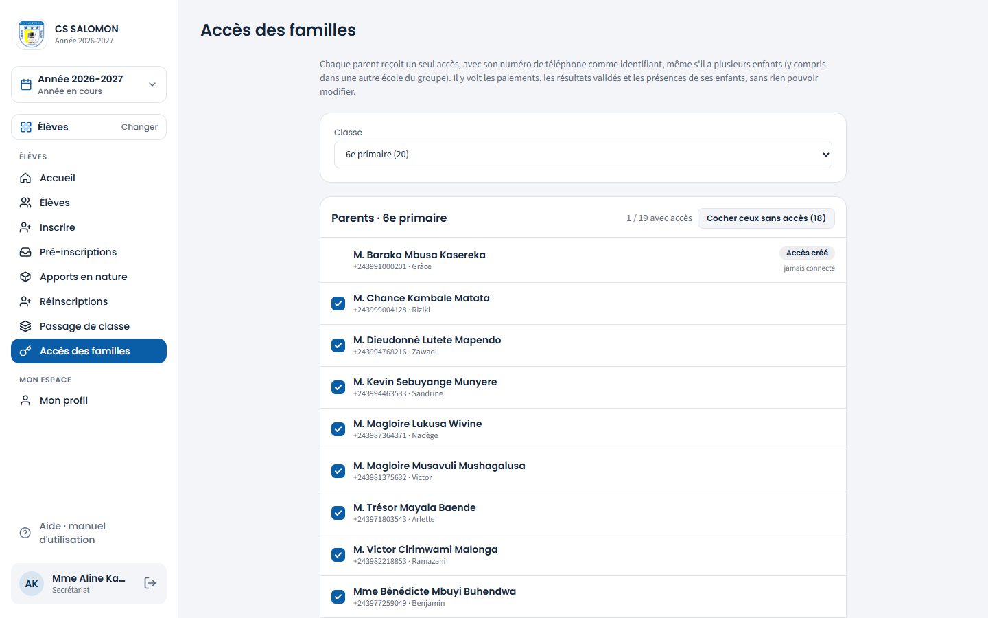 Parents cochés avant la création des accès (ordinateur)