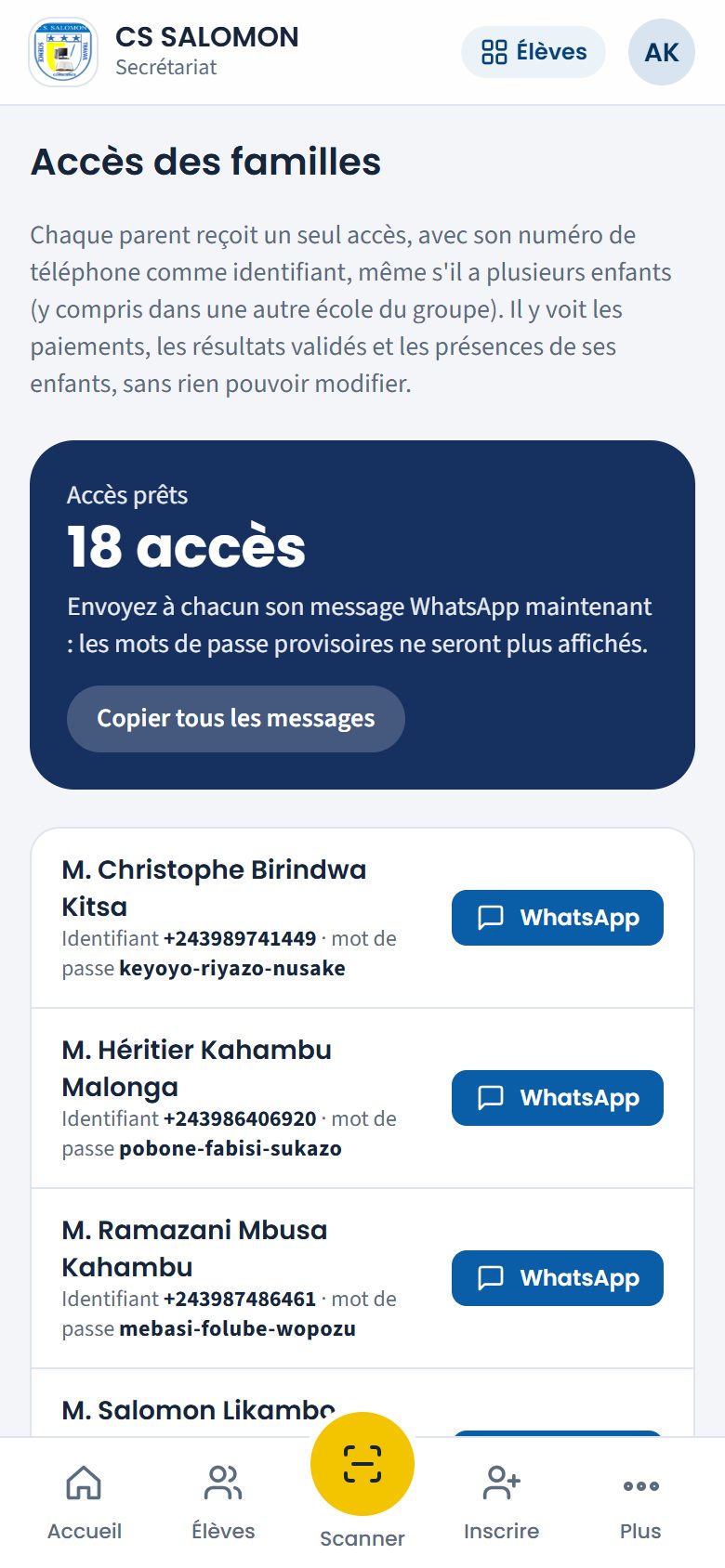 Accès prêts avec les messages WhatsApp (téléphone)