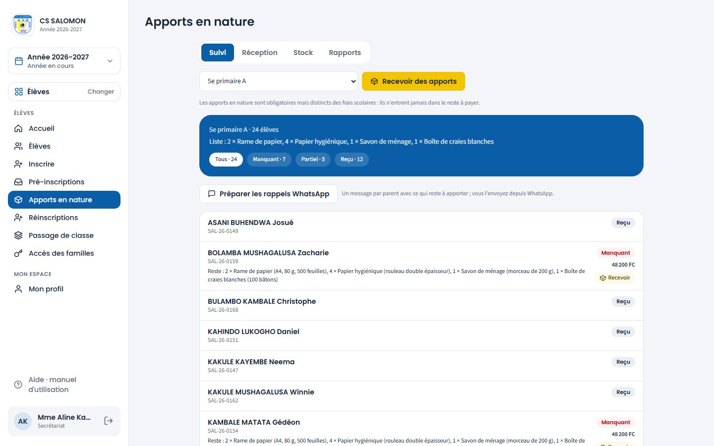 Suivi des apports de la 5e primaire A (ordinateur)