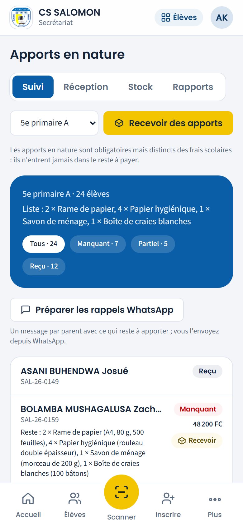 Suivi des apports de la 5e primaire A (téléphone)