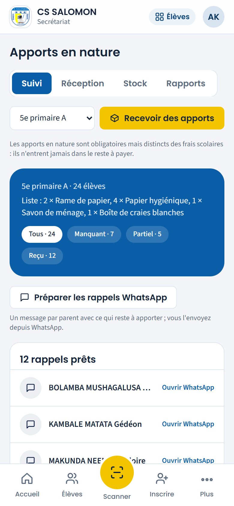 Rappels WhatsApp préparés pour une classe (téléphone)