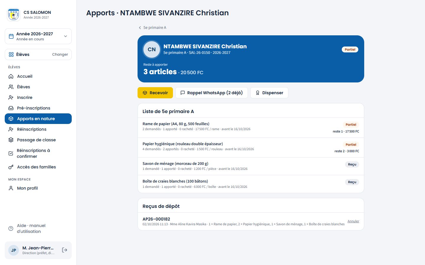 Fiche des apports de NTAMBWE SIVANZIRE Christian (ordinateur)